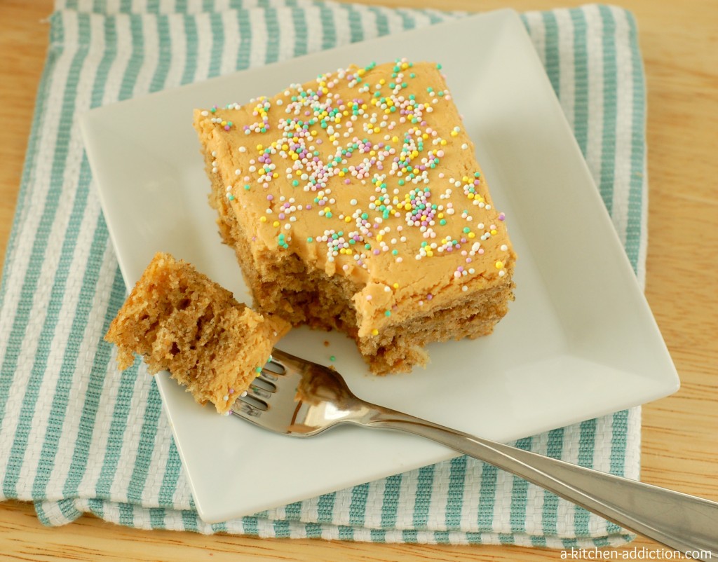 Banana Snack Cake with Peanut Butter Frosting Recipe l www.a-kitchen-addiction.com