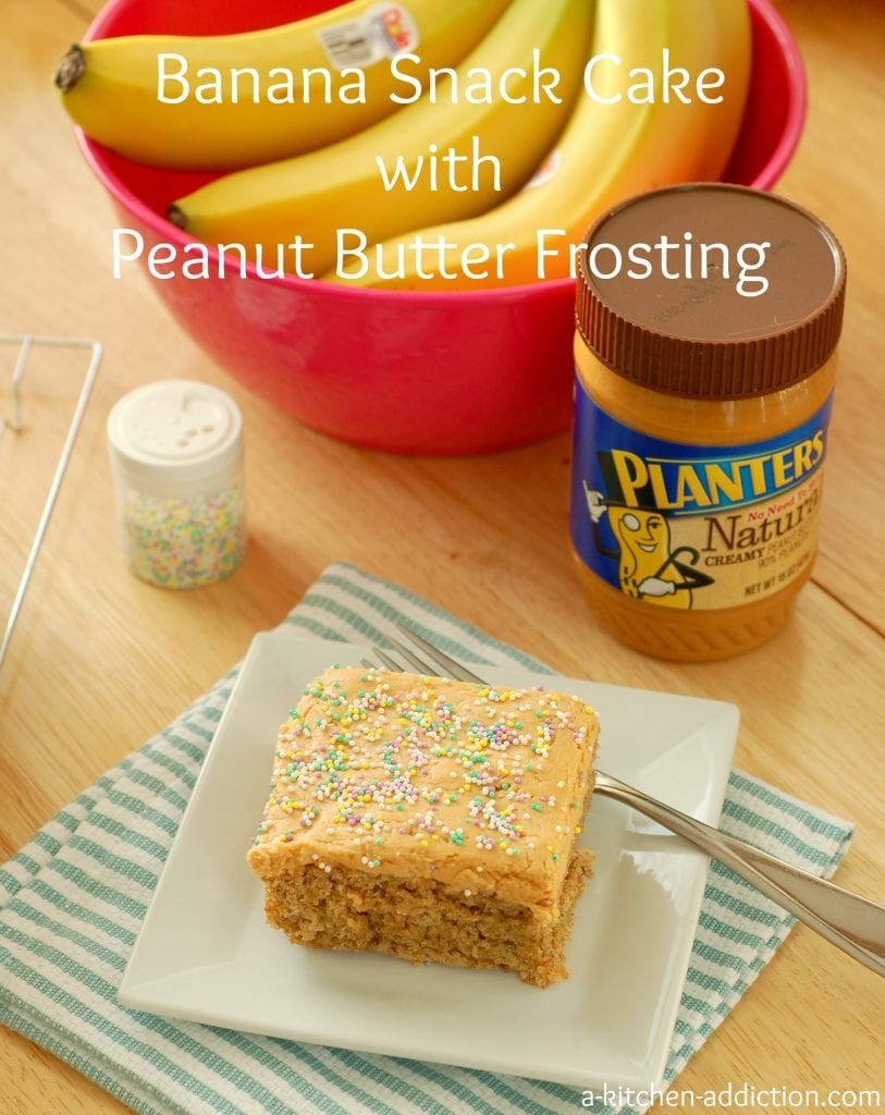 Banana Snack Cake with Peanut Butter  Frosting Recipe l www.a-kitchen-addiction.com
