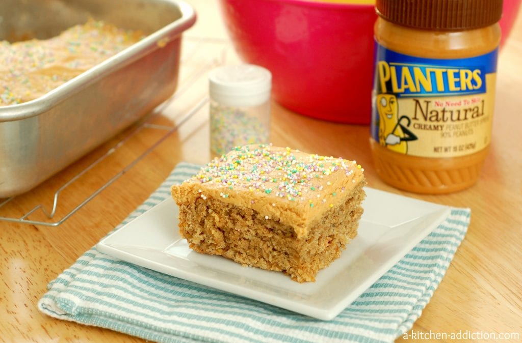Banana Snack Cake with Peanut Butter Frosting Recipe l www.a-kitchen-addiction.com