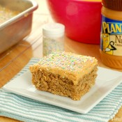 Banana Snack Cake with Peanut Butter Frosting Recipe l www.a-kitchen-addiction.com