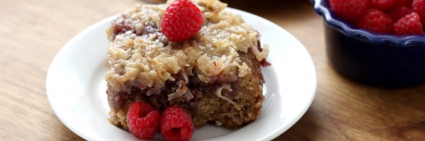 Raspberry Oatmeal Cake with Coconut Broiled Glaze Recipe l www.a-kitchen-addiction.com