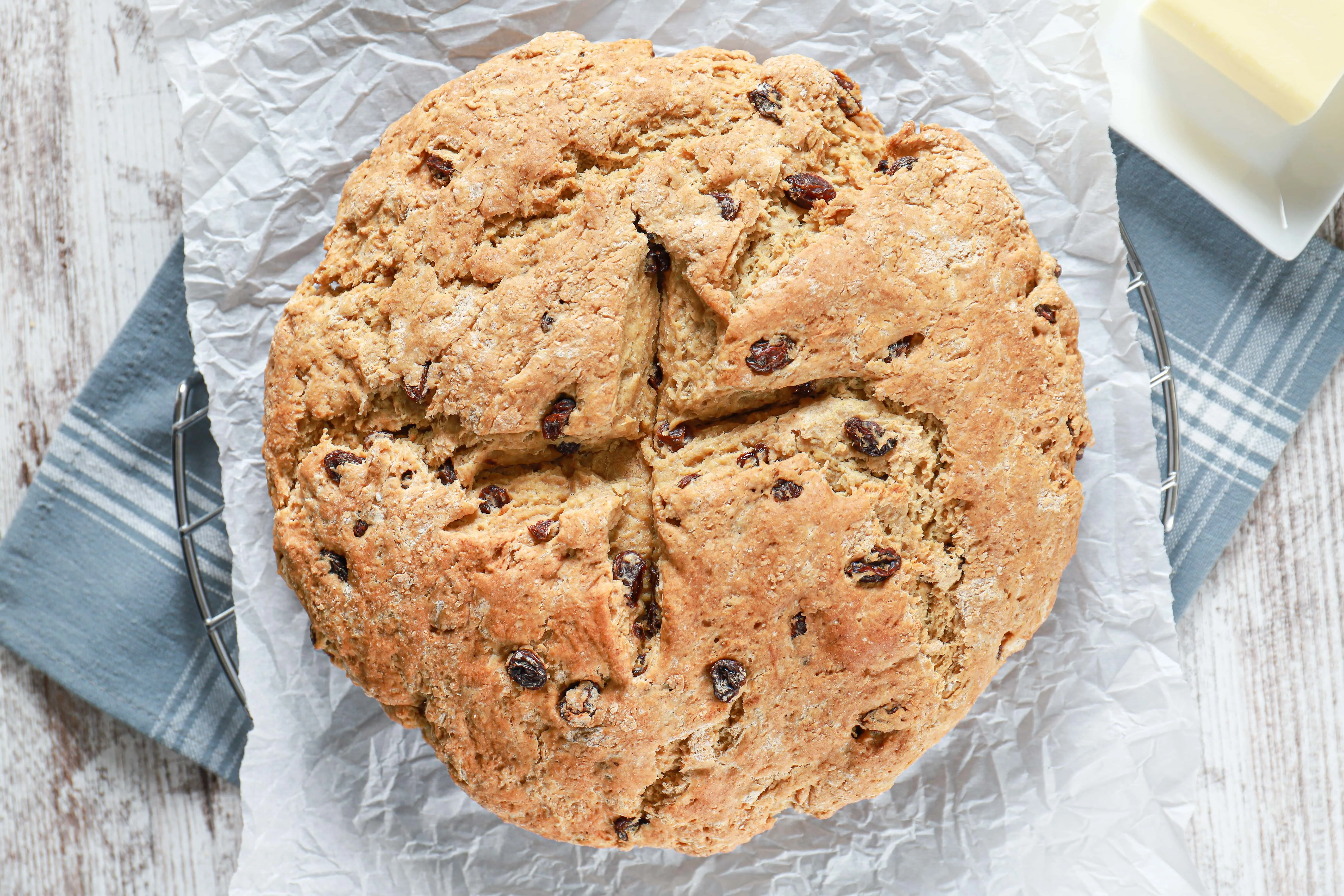 Overhead view of a loaf of irish soda bread. Recipe from A Kitchen Addiction