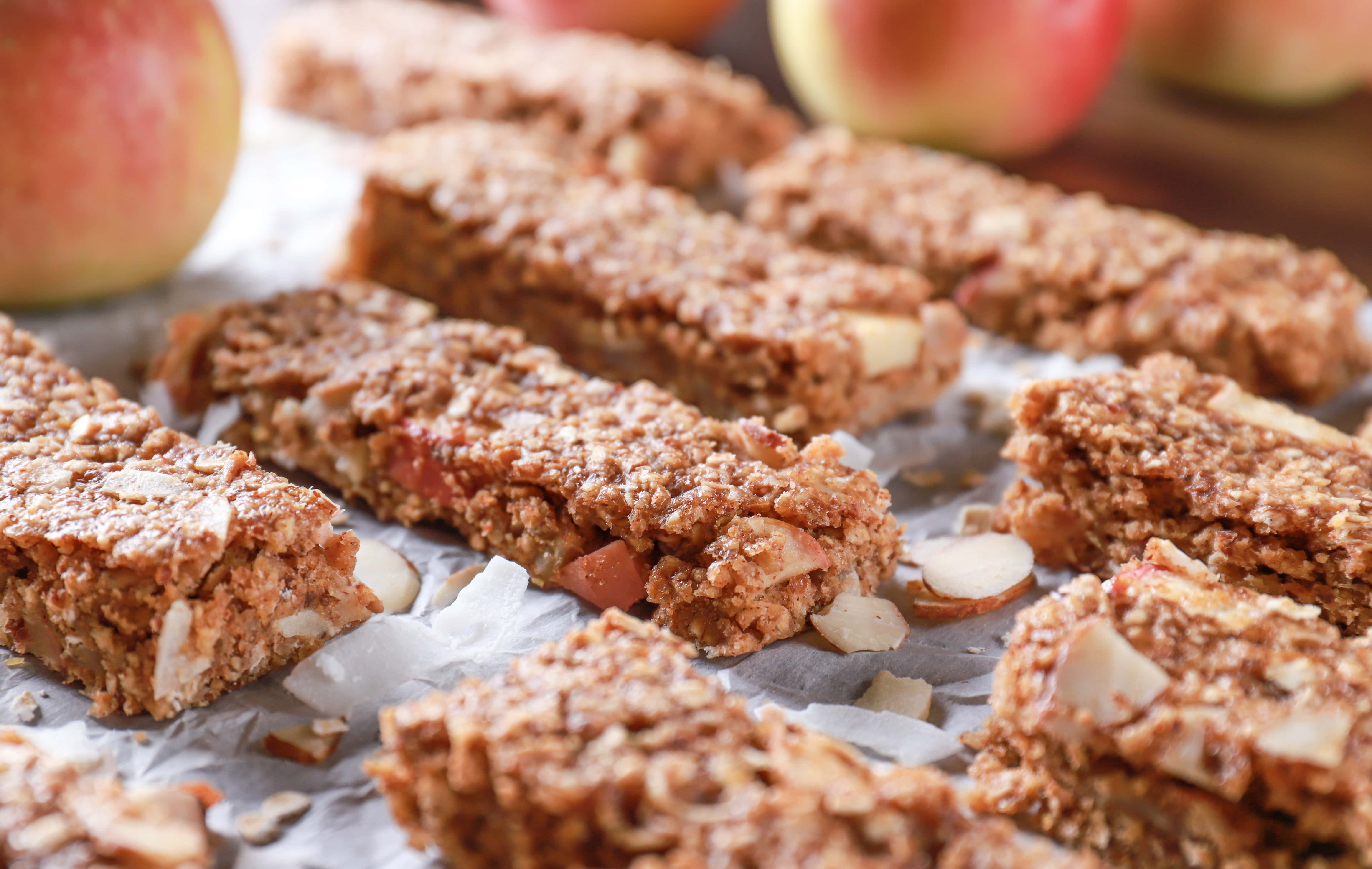 Up close view of a soft baked healthy apple almond granola bar. Recipe from A Kitchen Addiction