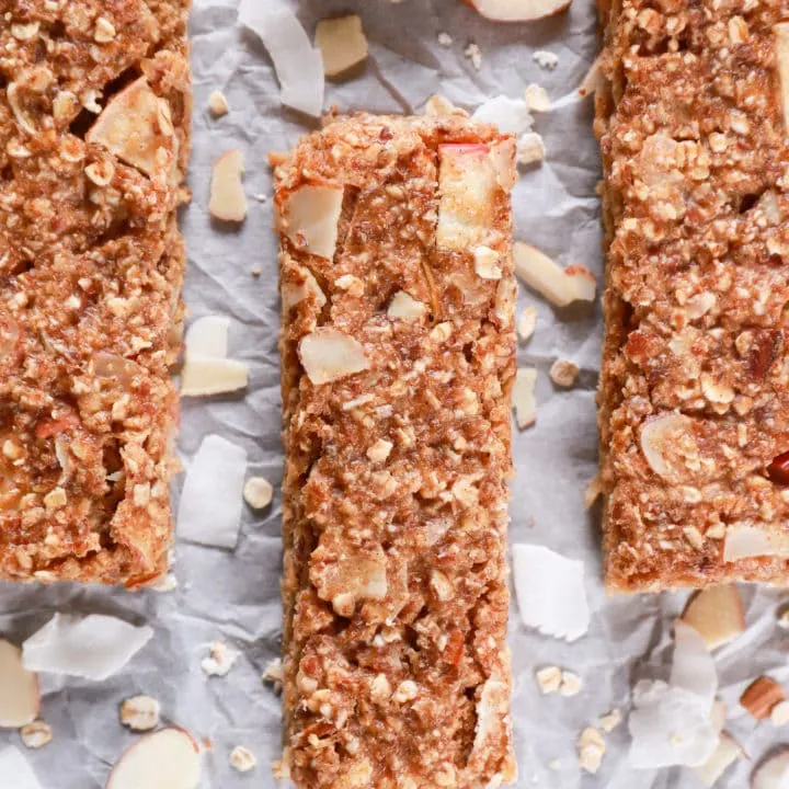 Pan of healthy soft baked apple almond granola bars. Recipe from A Kitchen Addiction