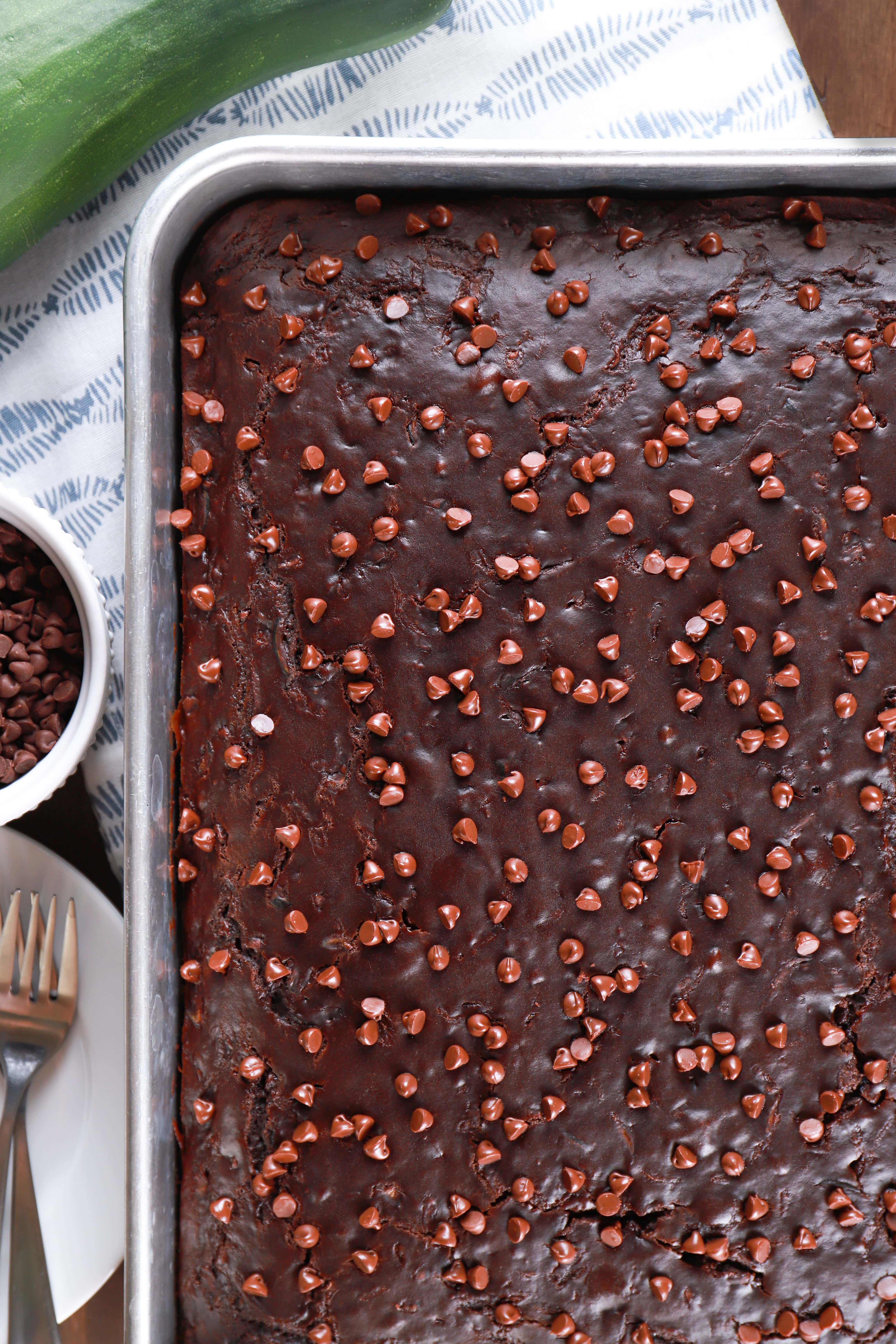 Overhead view of a pan of easy chocolate zucchini cake. Recipe for zucchini cake from A Kitchen Addiction