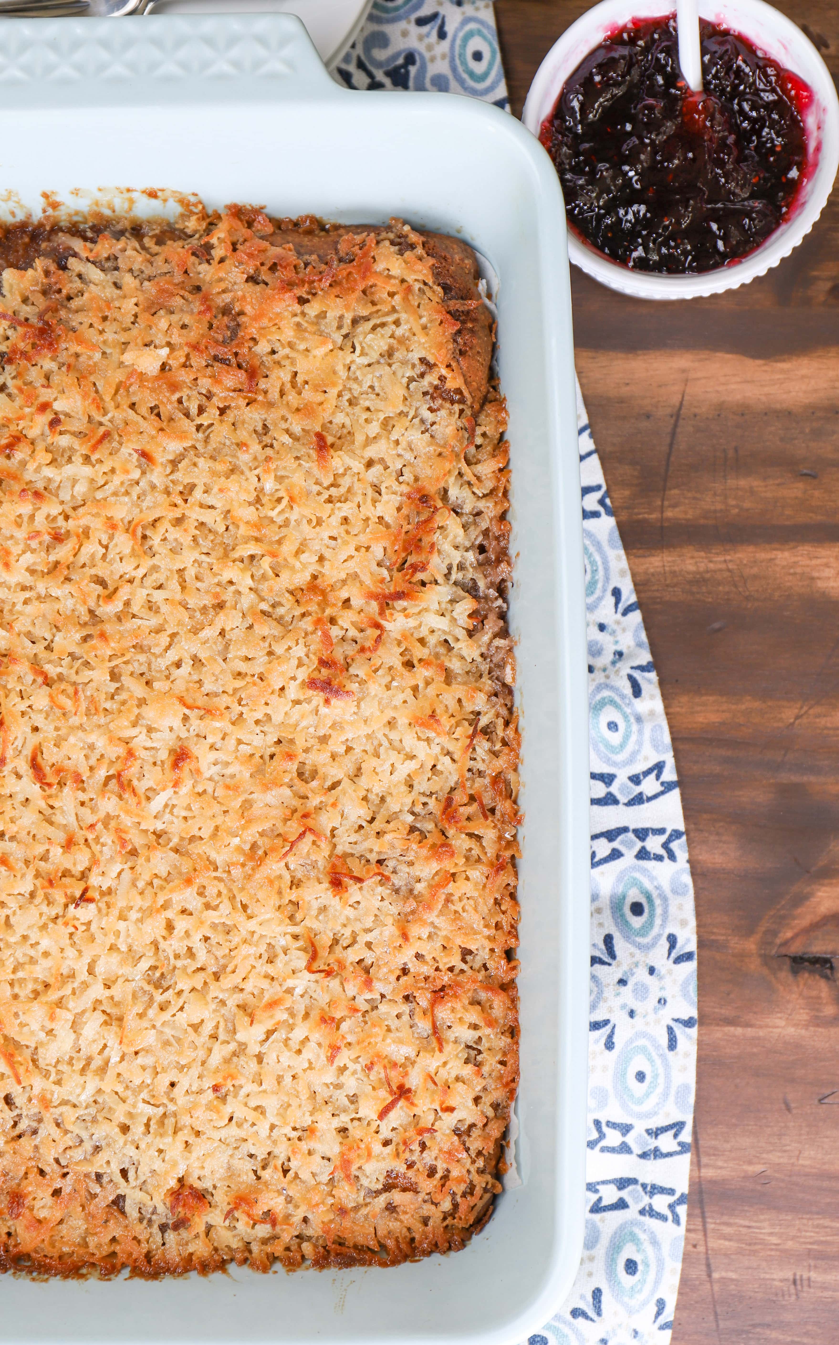 Caramel Coconut Broiled Berry Oatmeal Cake Recipe from A Kitchen Addiction