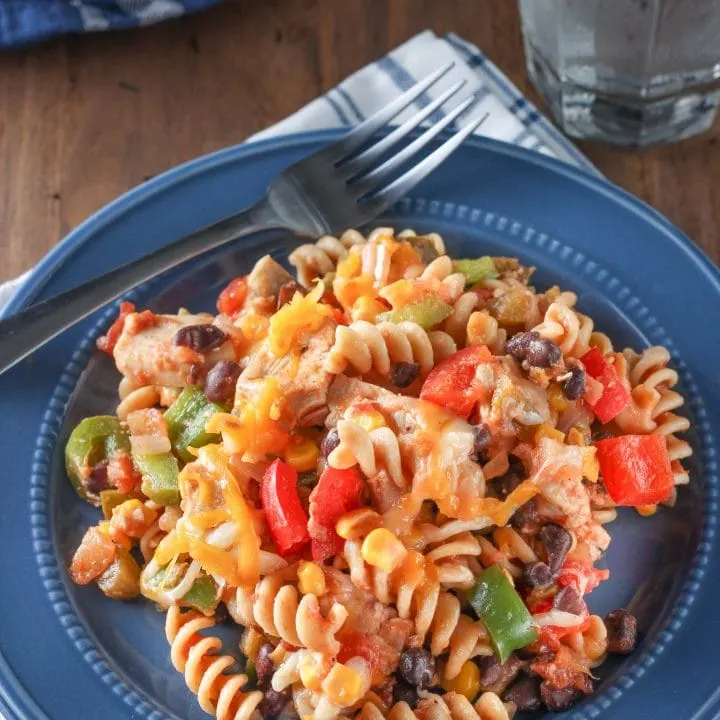 Cheesy Salsa Chicken Pasta Skillet Recipe from A Kitchen Addiction