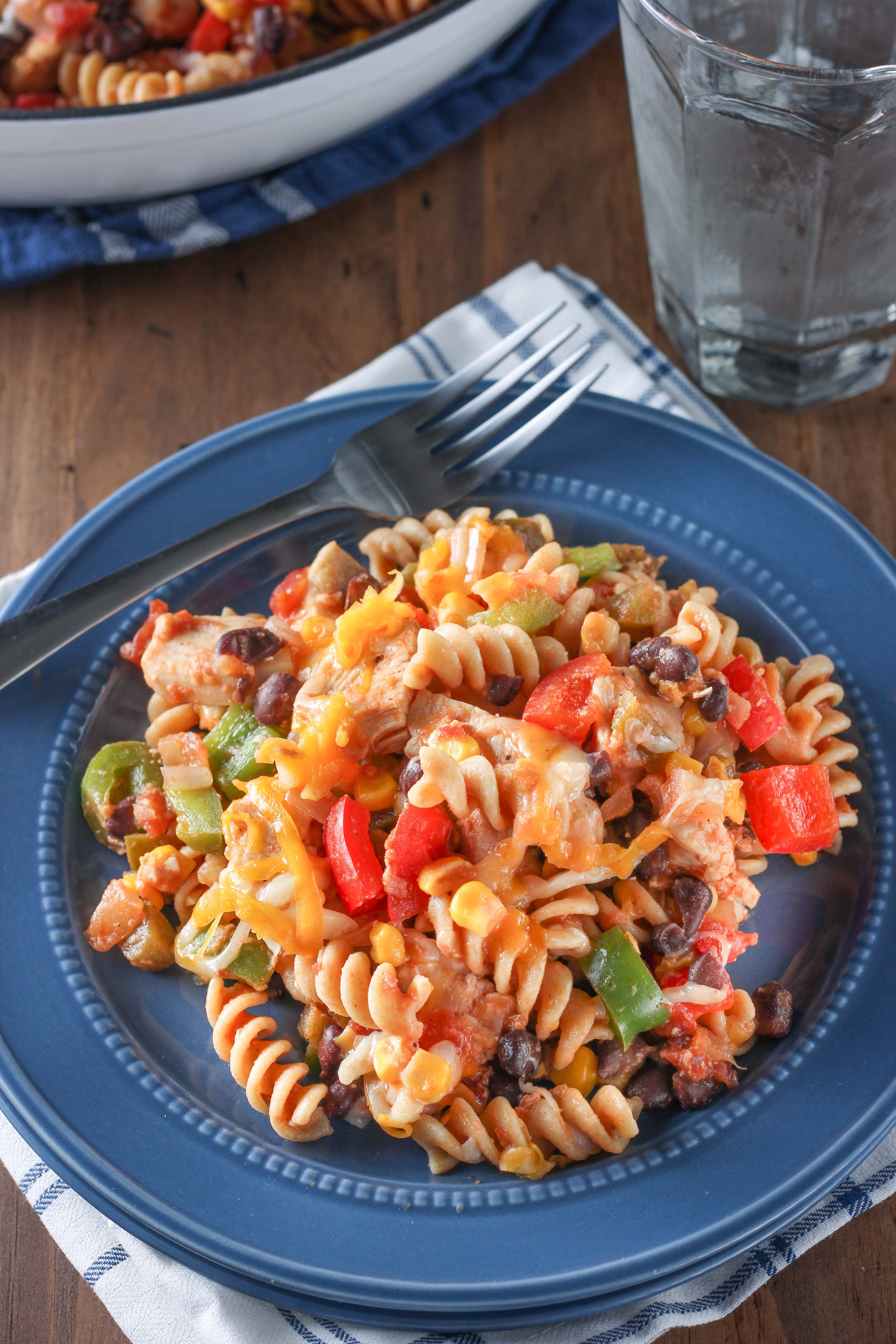 Cheesy Salsa Chicken Pasta Skillet Recipe from A Kitchen Addiction