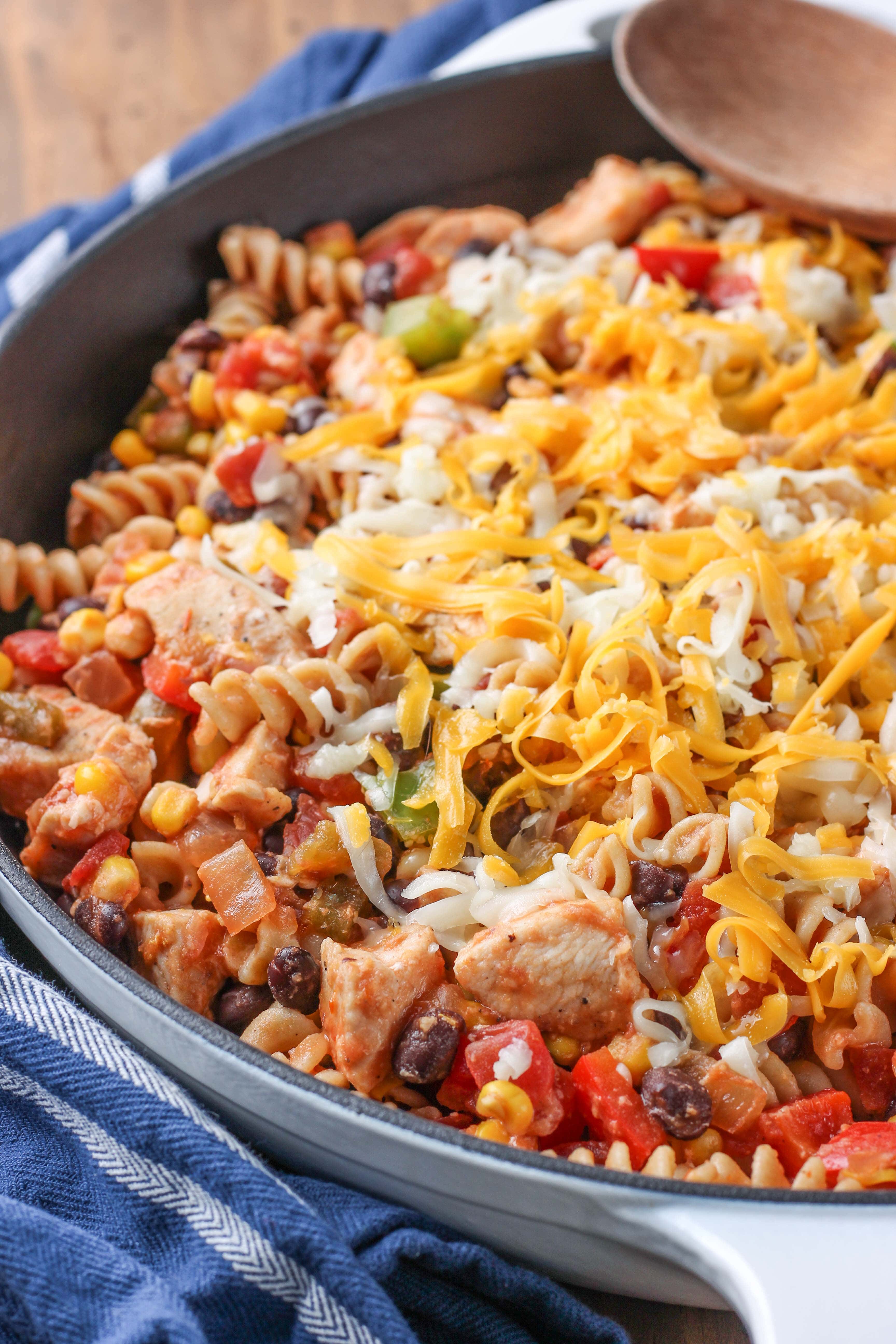 Cheesy Salsa and Chicken Pasta Skillet Recipe from A Kitchen Addiction