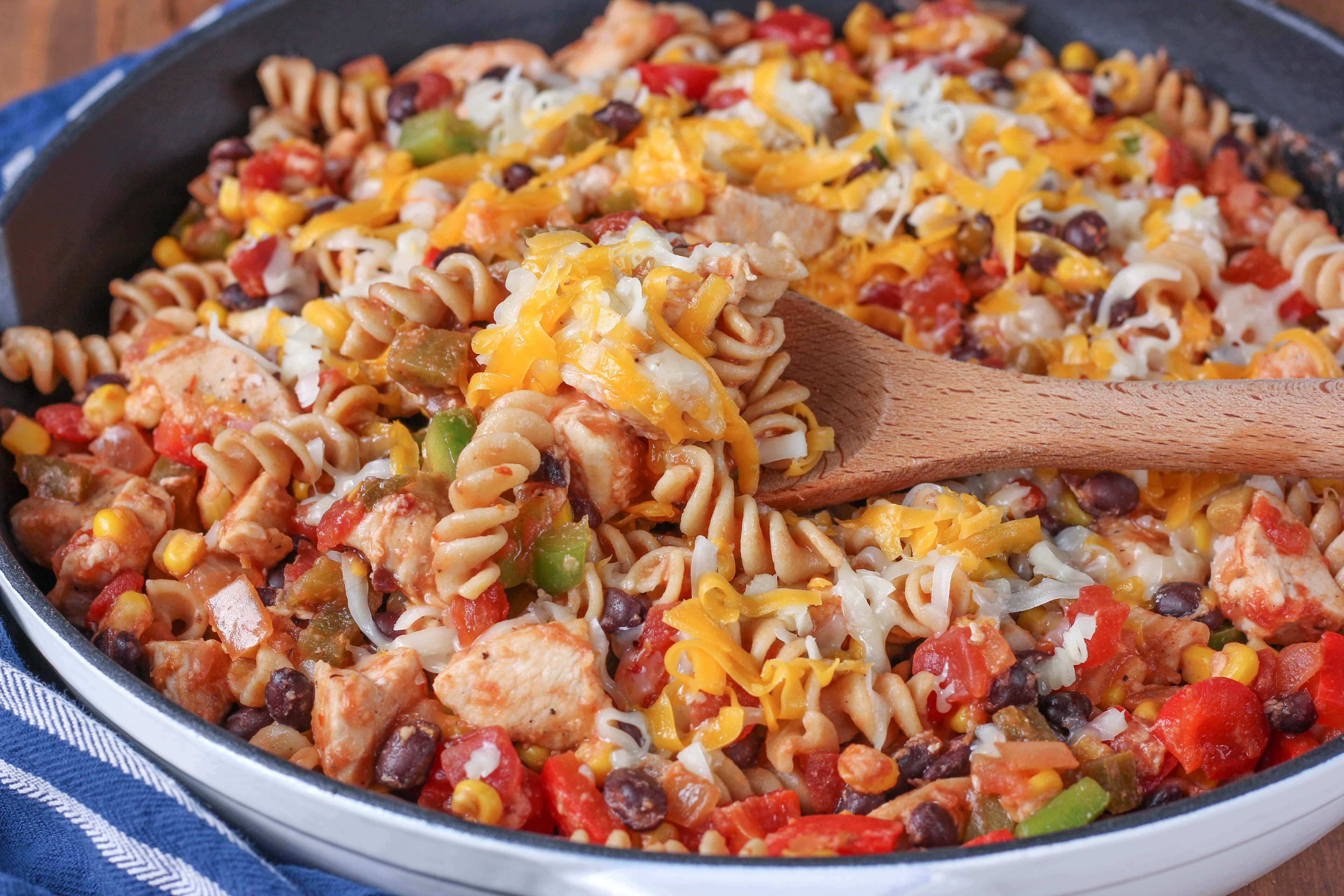 Cheesy Salsa and Chicken Pasta Skillet Recipe from A Kitchen Addiction