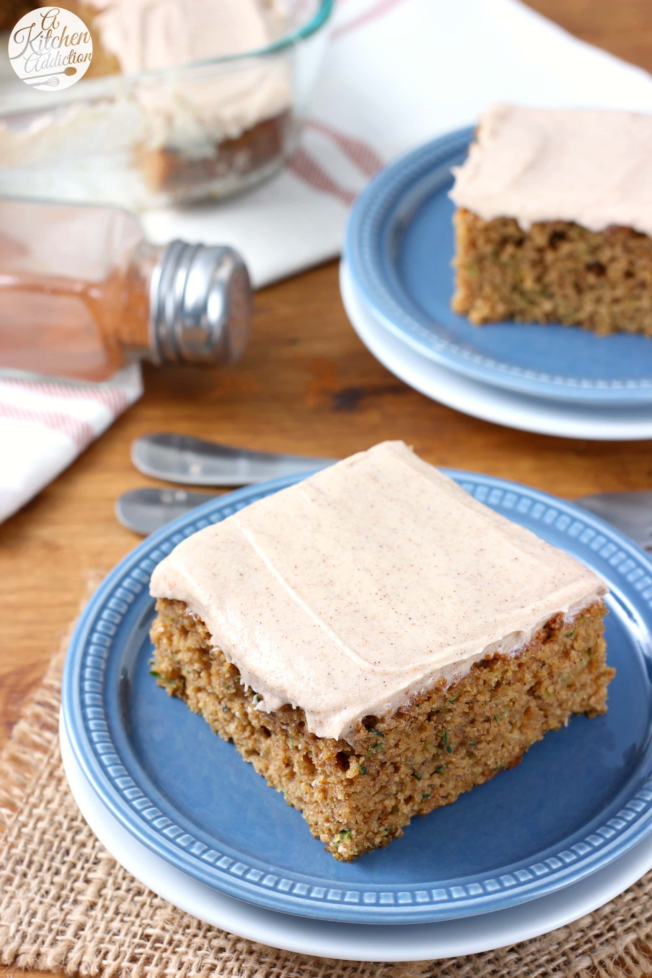 Spiced Cream Cheese Frosted Zucchini Bars Recipe from A Kitchen Addiction