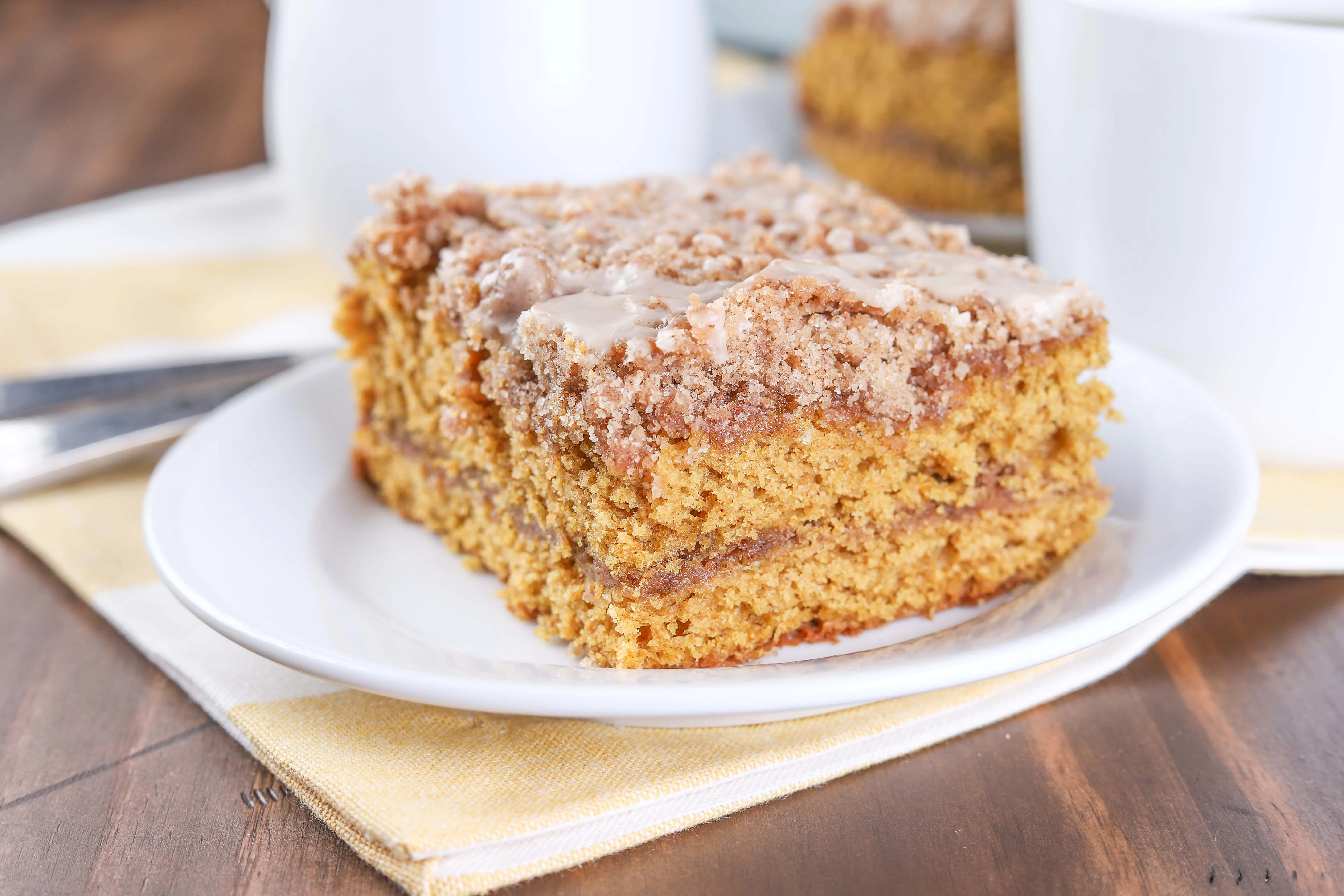 Cinnamon Maple Pumpkin Coffee Cake with Maple Drizzle Recipe from A Kitchen Addiction