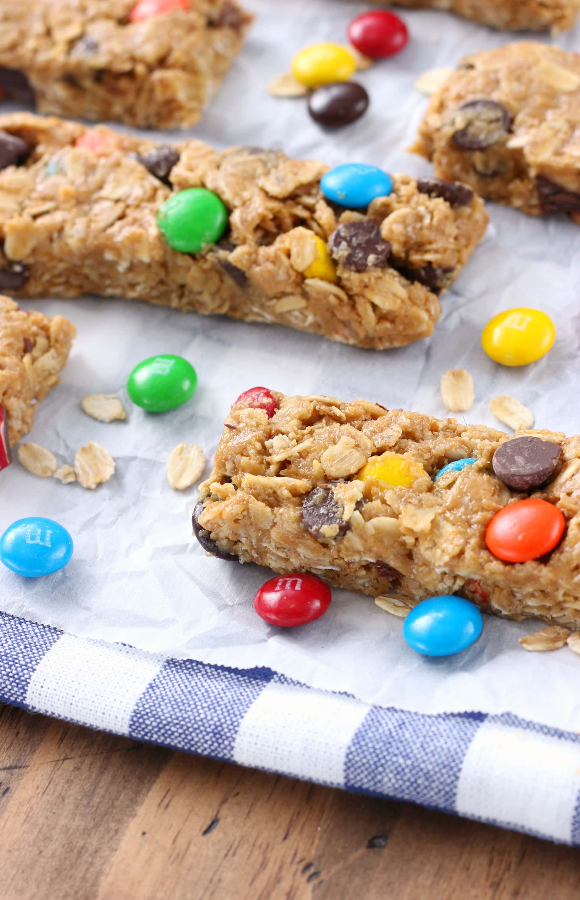 No Bake Monster Cookie Granola Bars Recipe from A Kitchen Addiction