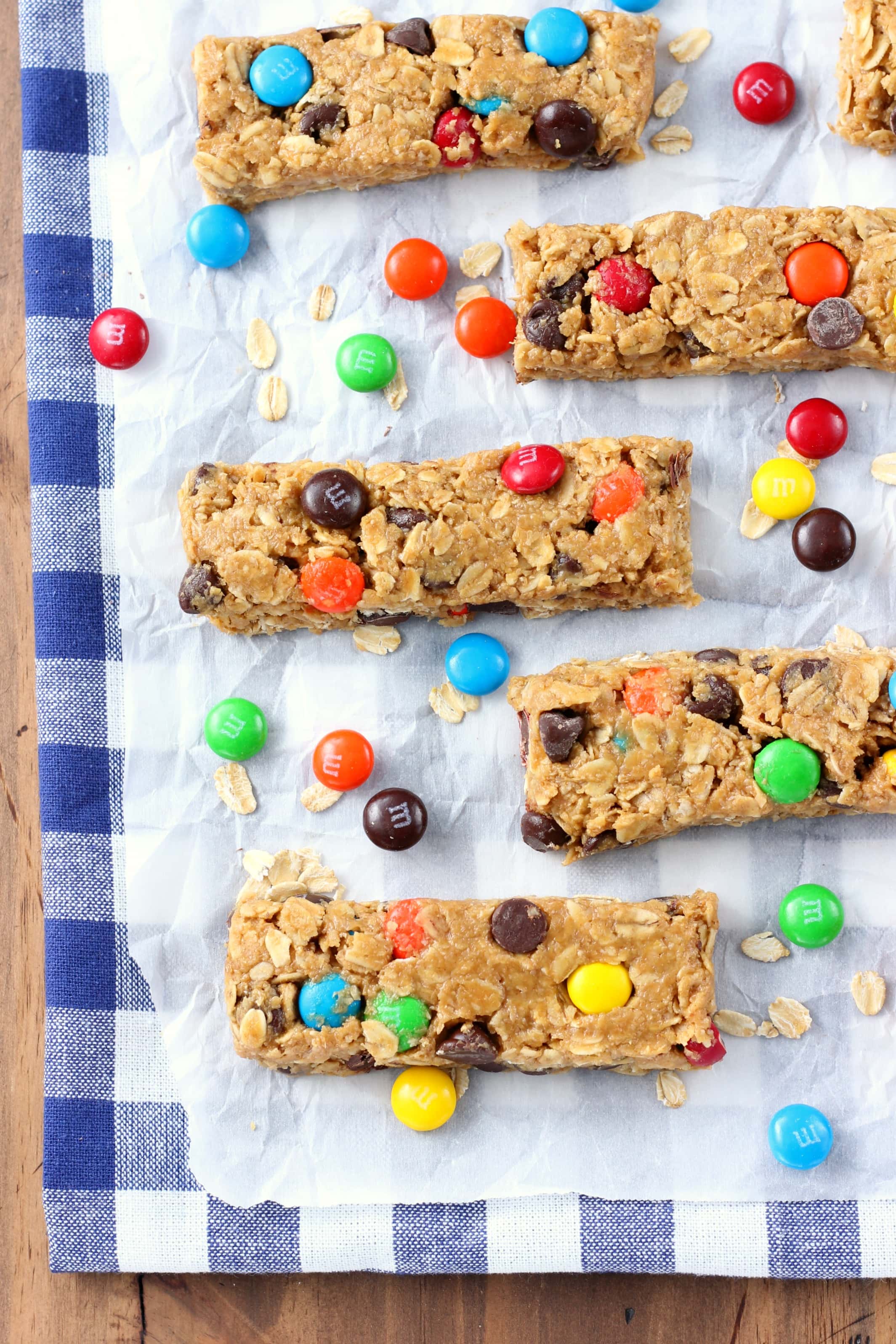 No Bake Monster Cookie Granola Bars Recipe from A Kitchen Addiction