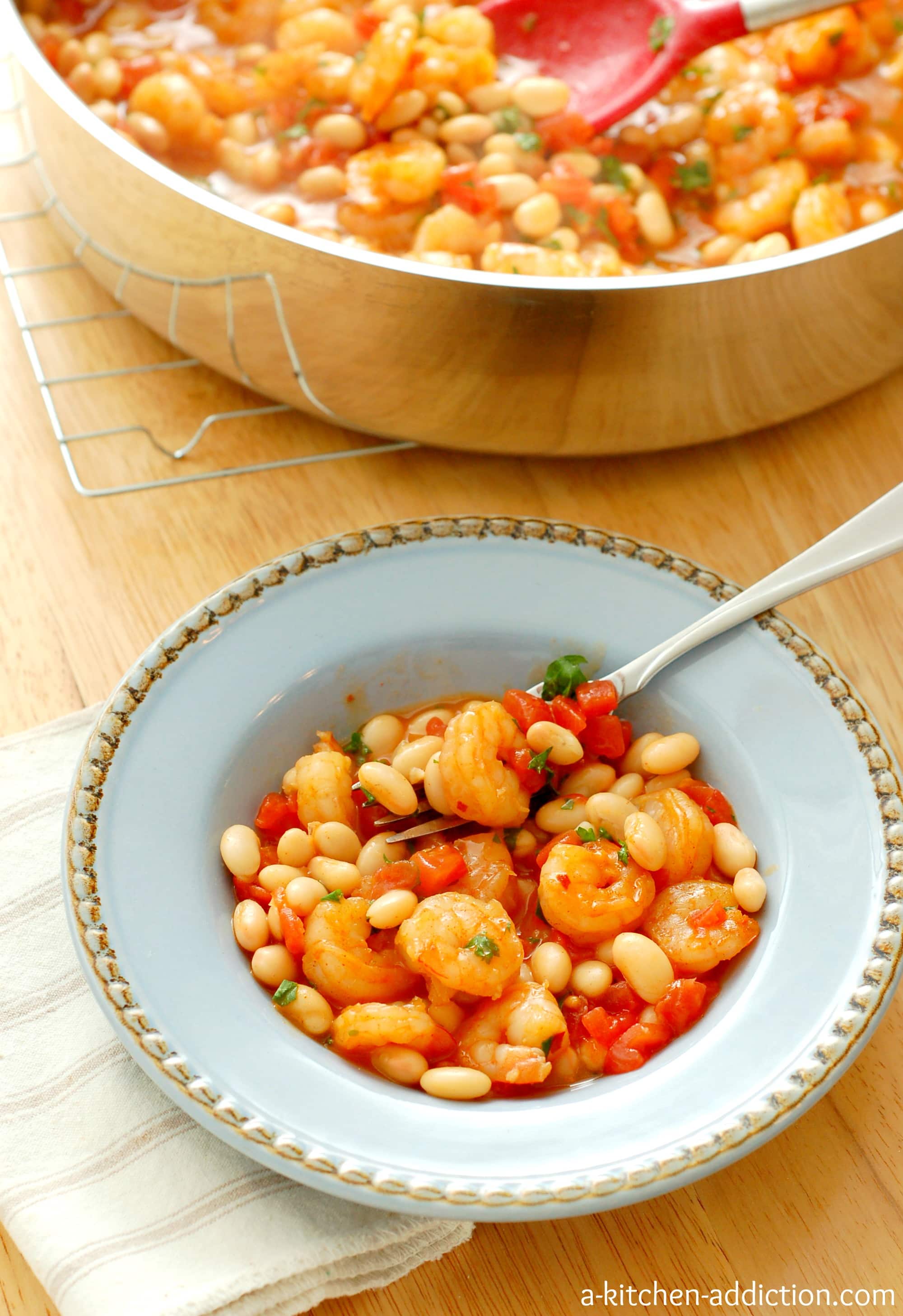Spicy Garlic Shrimp and White Beans with Tomatoes - A Kitchen Addiction