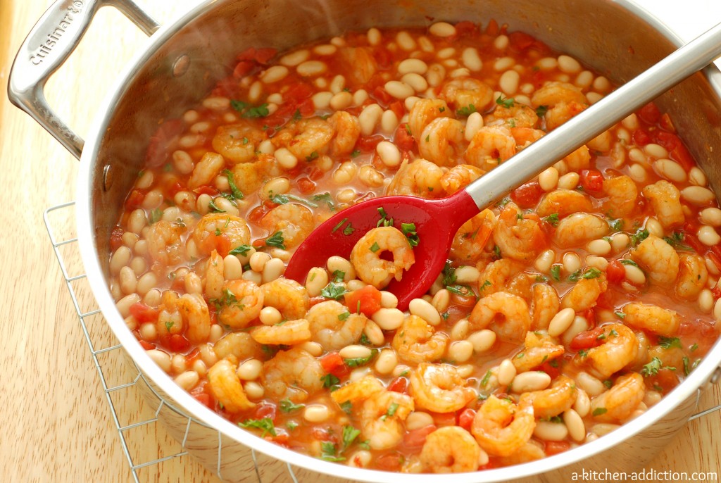 Spicy Garlic Shrimp and White Beans with Tomatoes #recipe