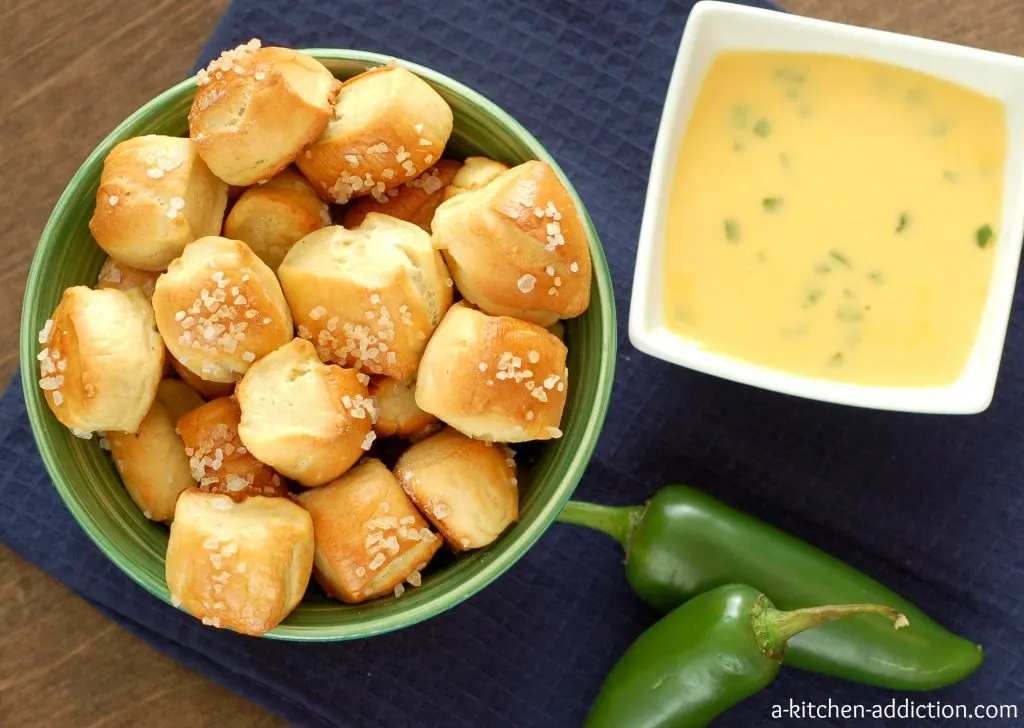 Pretzel Bites with Jalapeno Cheddar Cheese Sauce