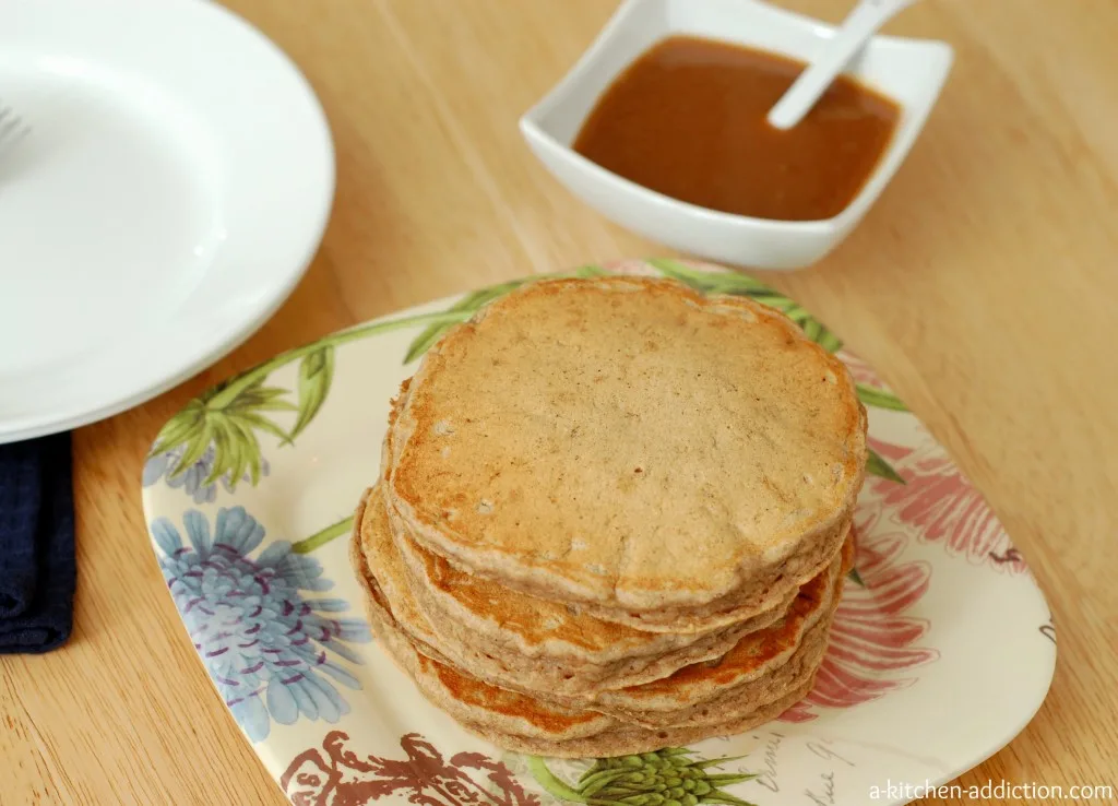 Banana Bread Pancakes with Peanut Butter Syrup Recipe l www.a-kitchen-addiction.com