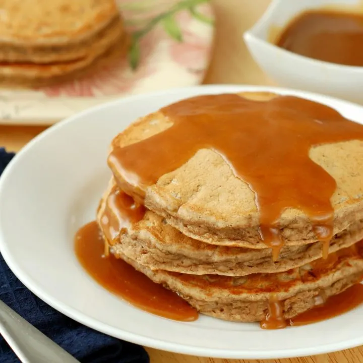 Banana Bread Pancakes with Peanut Butter Syrup Recipe l www.a-kitchen-addiction.com