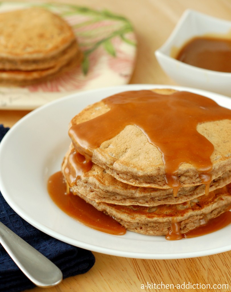 Banana Bread Pancakes with Peanut Butter Syrup Recipe l www.a-kitchen-addiction.com
