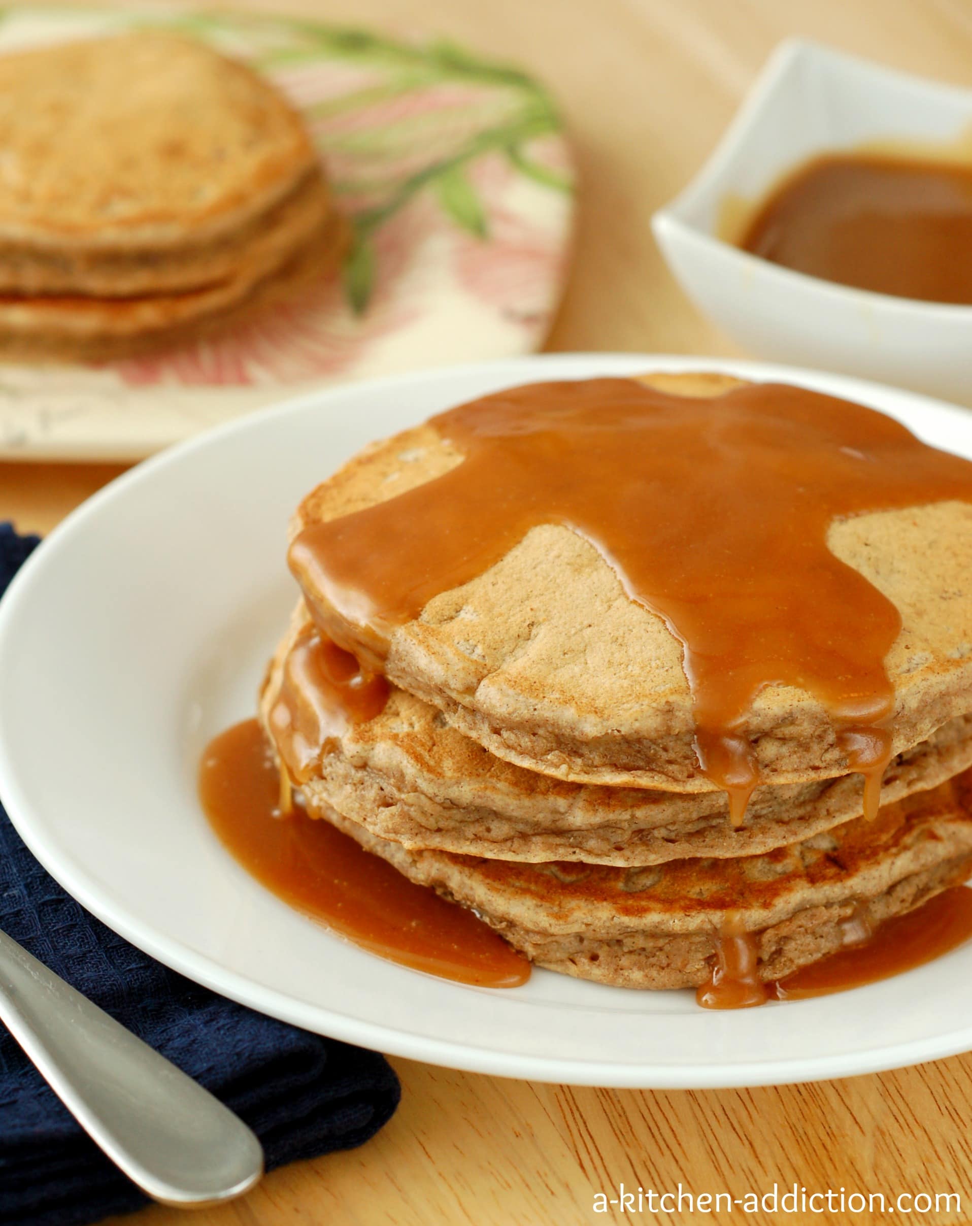 Banana Bread Pancakes with Peanut Butter Syrup Recipe l www.a-kitchen-addiction.com