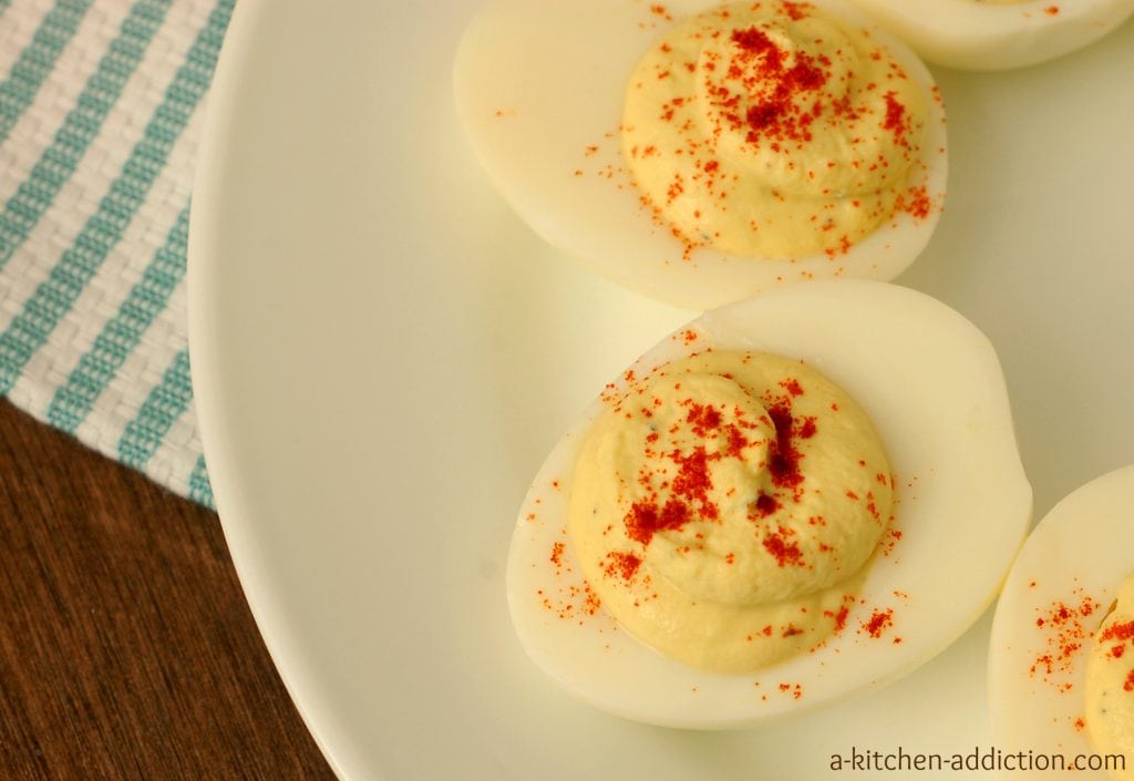 Lightened Up Deviled Eggs Recipe l www.a-kitchen-addiction.com