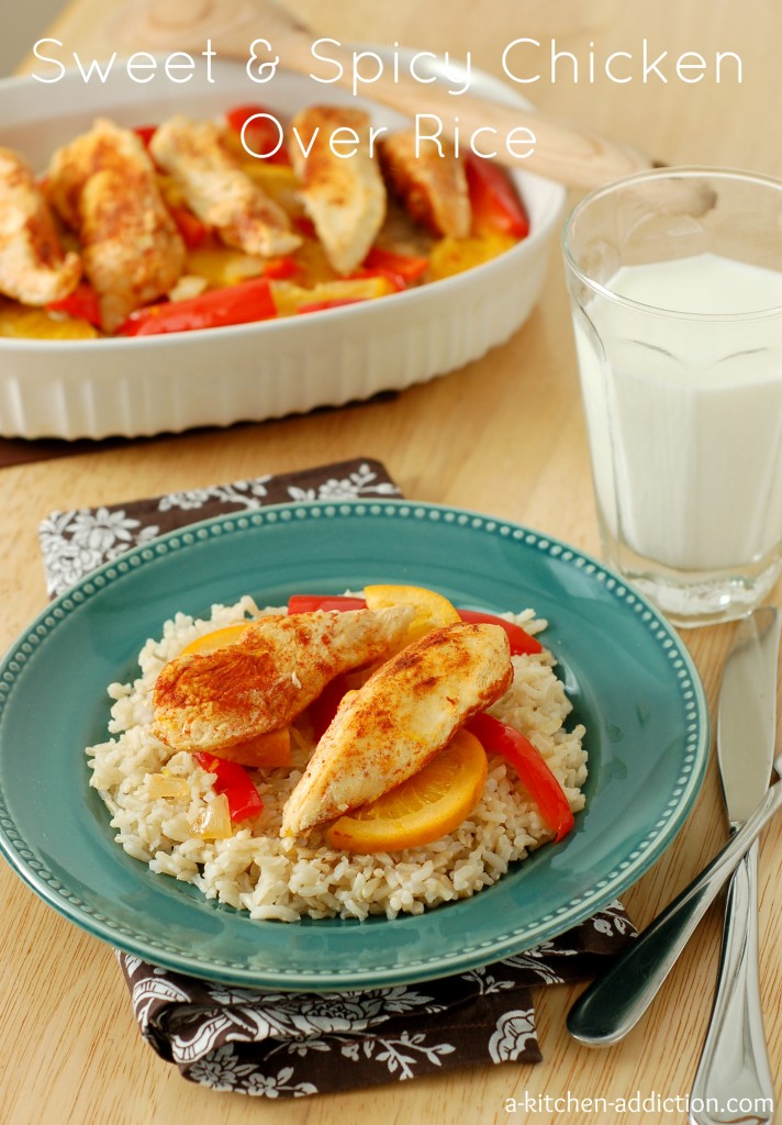 Sweet and Spicy Chicken Over Rice Recipe I www.a-kitchen-addiction.com