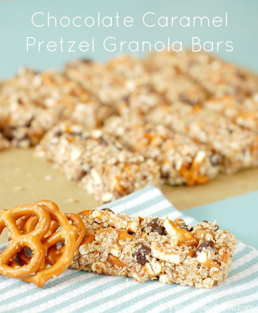 No Bake Chocolate Caramel Pretzel Granola Bars Recipe l www.a-kitchen-addiction.com