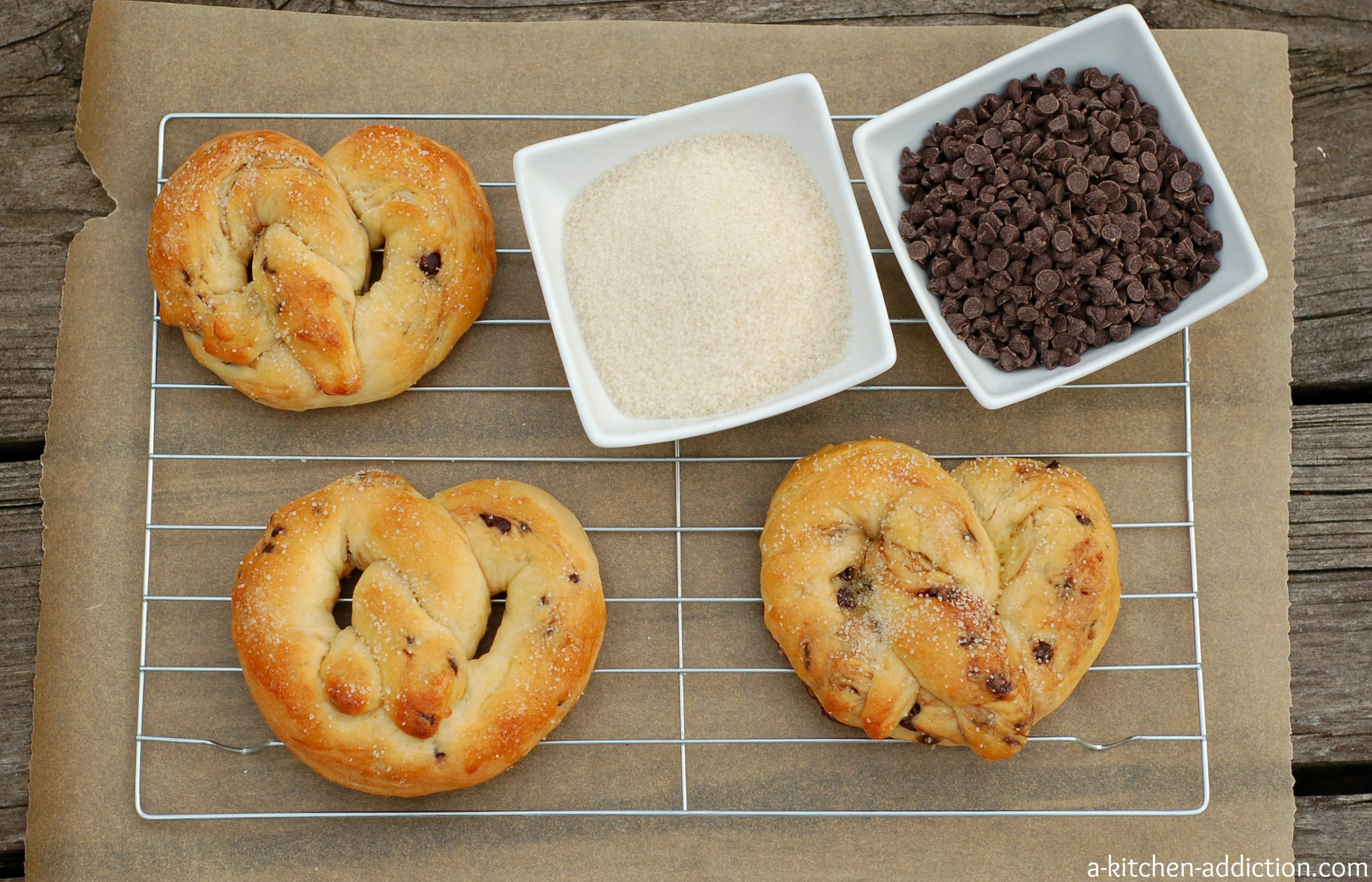 Chocolate Chip Brioche Pretzels Recipe l www.a-kitchen-addiction.com