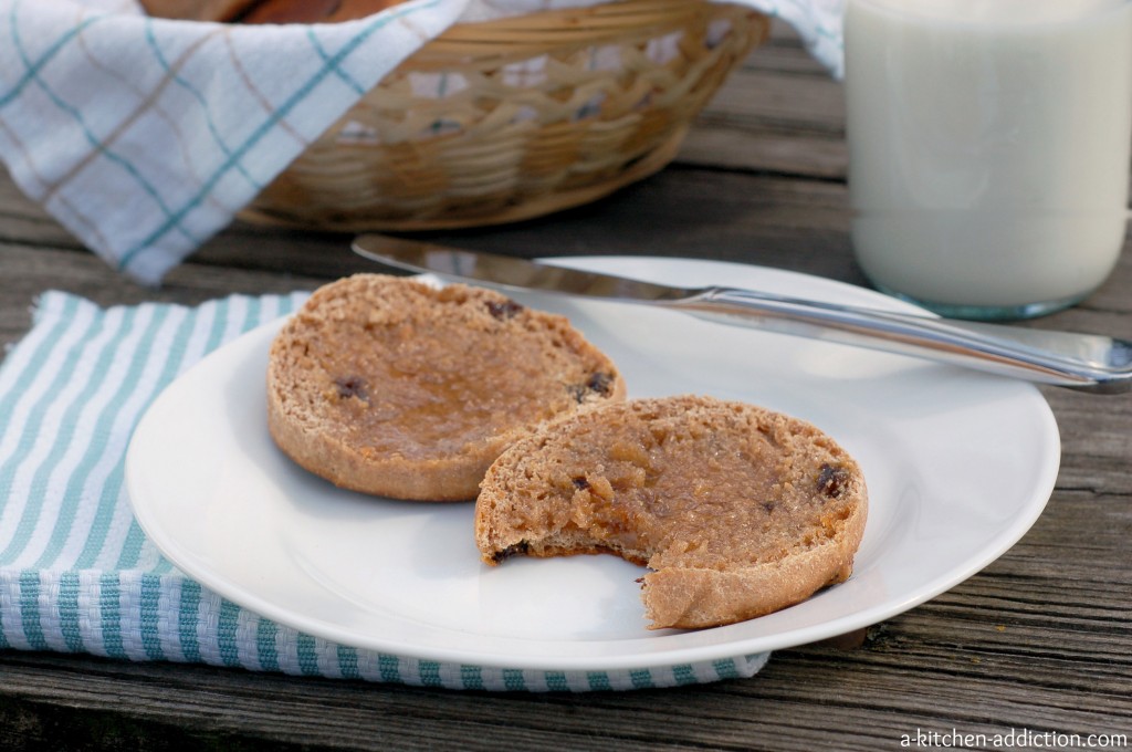 Cinnamon Raisin Honey Whole Wheat English Muffins Recipe l www.a-kitchen-addiction.com