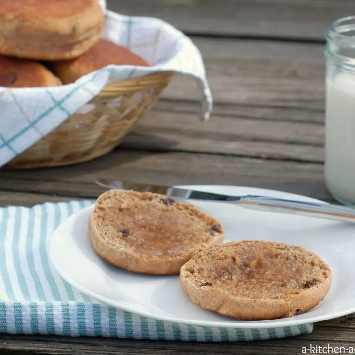 Cinnamon Raisin Honey Whole Wheat English Muffins Recipe l www.a-kitchen-addiction.com