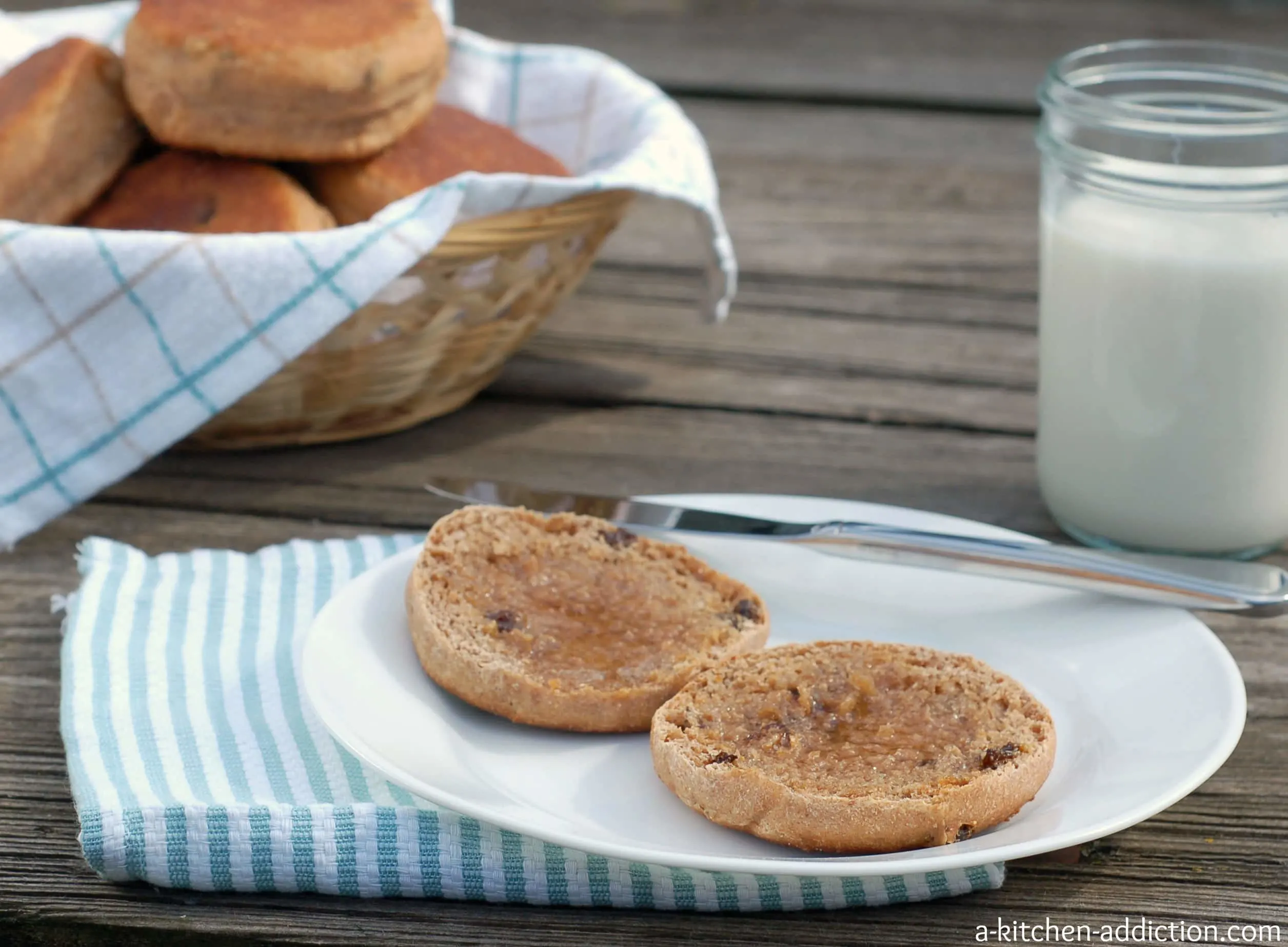 Cinnamon Raisin Honey Whole Wheat English Muffins Recipe l www.a-kitchen-addiction.com