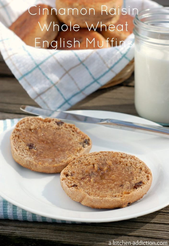 Cinnamon Raisin Honey Whole Wheat English Muffins Recipe l www.a-kitchen-addiction.com