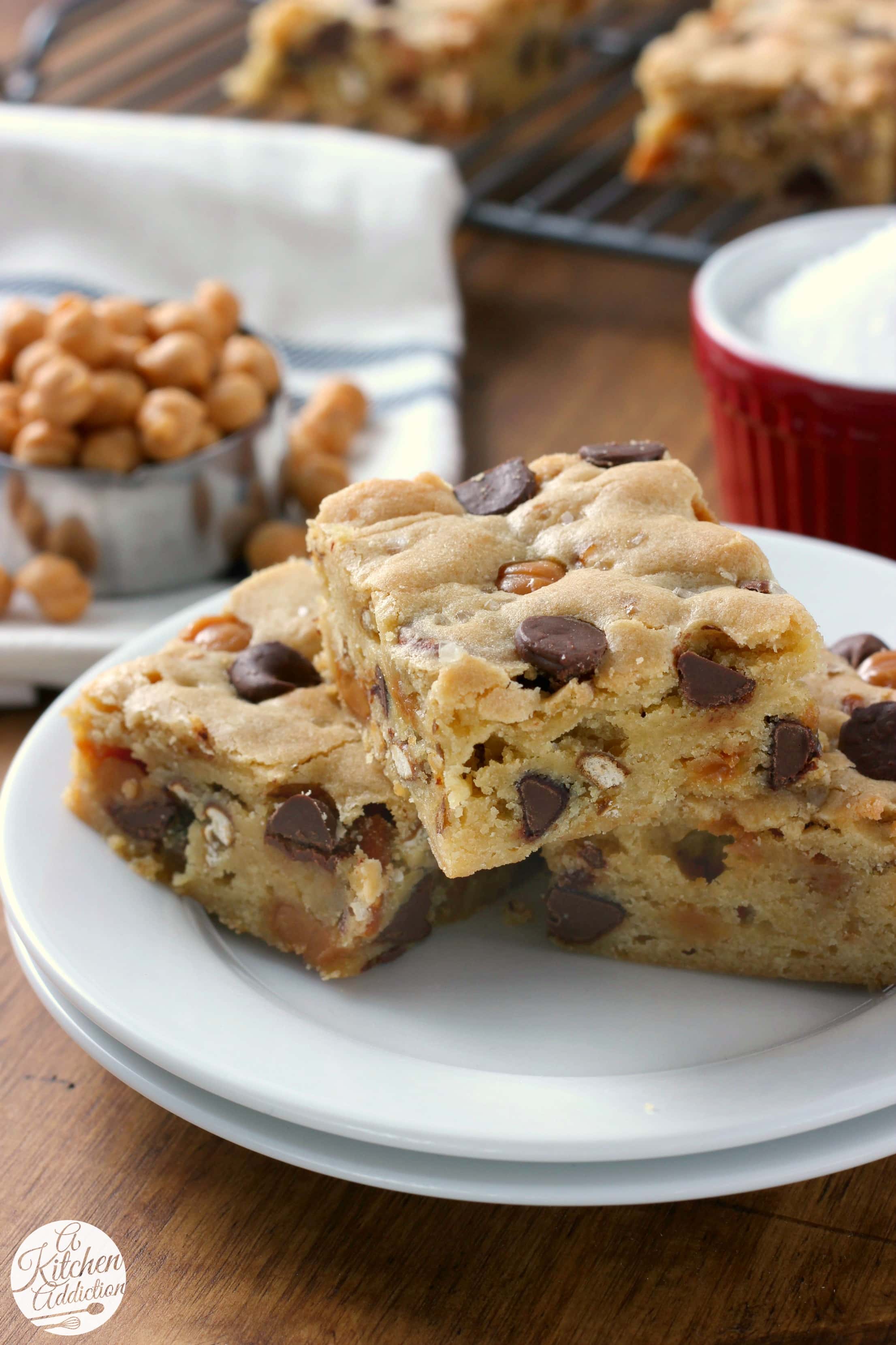 Salted Chocolate Caramel Pretzel Blondies Recipe from A Kitchen Addiction