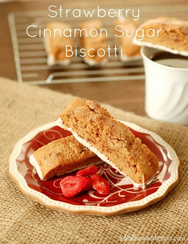 Strawberry Cinnamon Sugar Biscotti from www.a-kitchen-addiction.com Strawberry Cinnamon Sugar Biscotti Recipe l www.a-kitchen-addiction.com