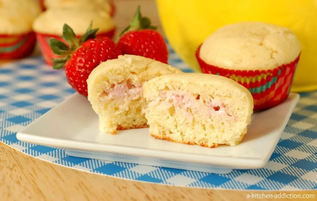 Strawberry Cream Filled Lemon Muffins Recipe l www.a-kitchen-addiction.com