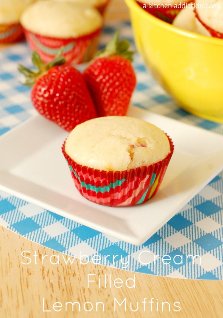 Strawberry Cream Filled Lemon Muffins Recipe l www.a-kitchen-addiction.com