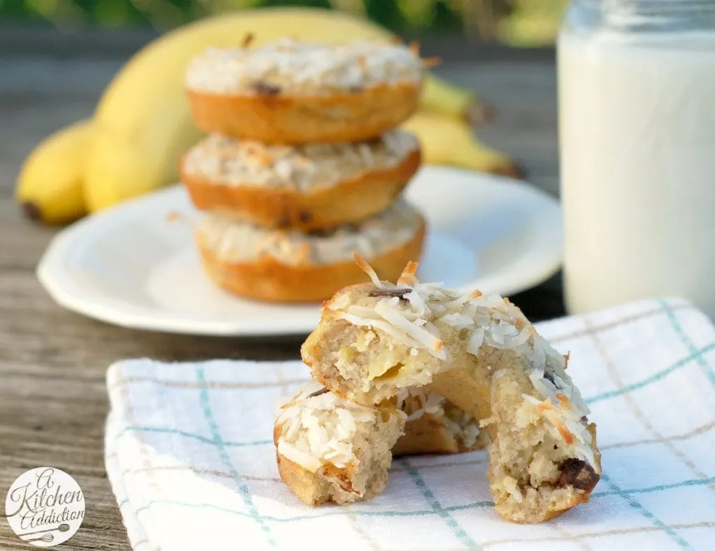 Chocolate Chip Coconut Banana Bread Donuts Recipe l www.a-kitchen-addiction.com