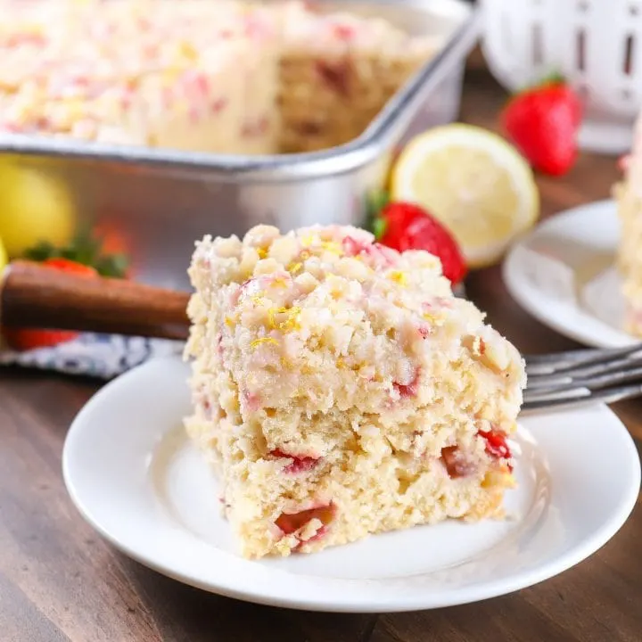 Plated Strawberry Lemon Yogurt Cake with Strawberry Glaze