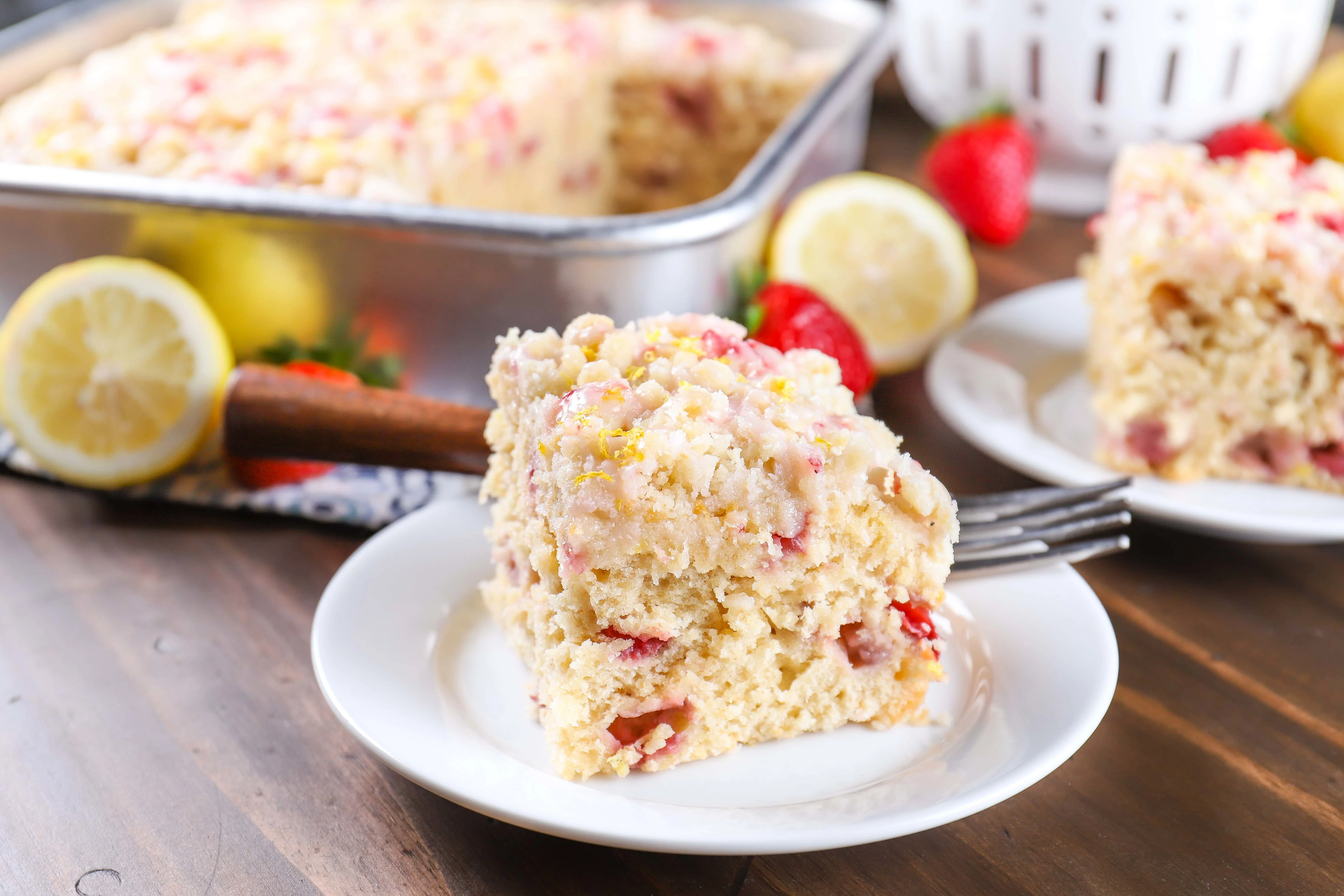 Plated Strawberry Lemon Yogurt Cake with Strawberry Glaze