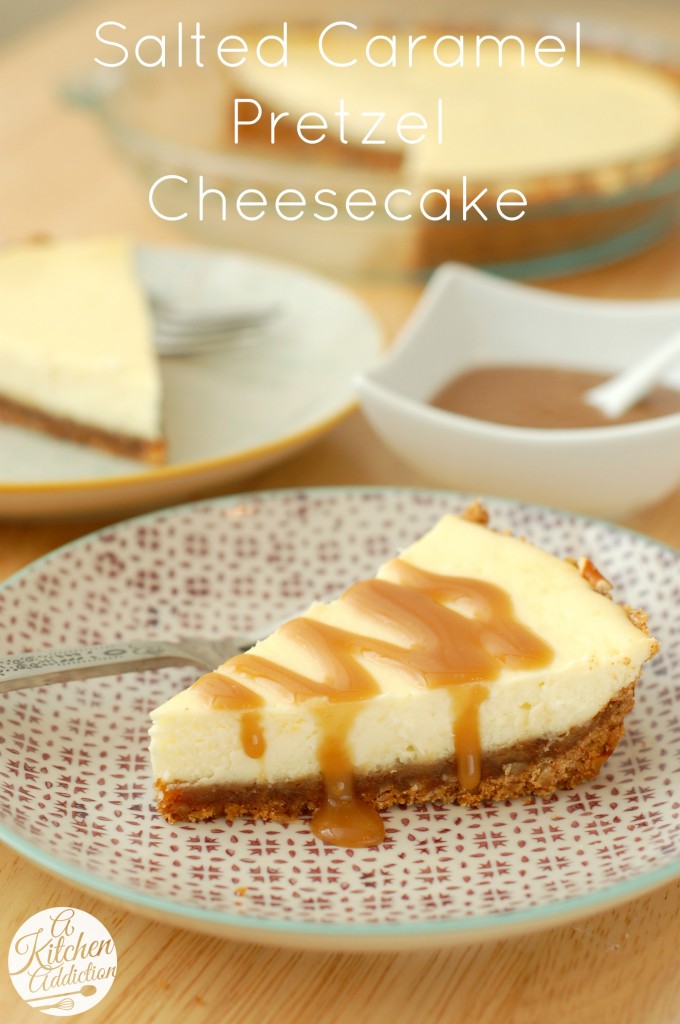 Salted Caramel Pretzel Cheesecake Recipe l www.a-kitchen-addiction.com