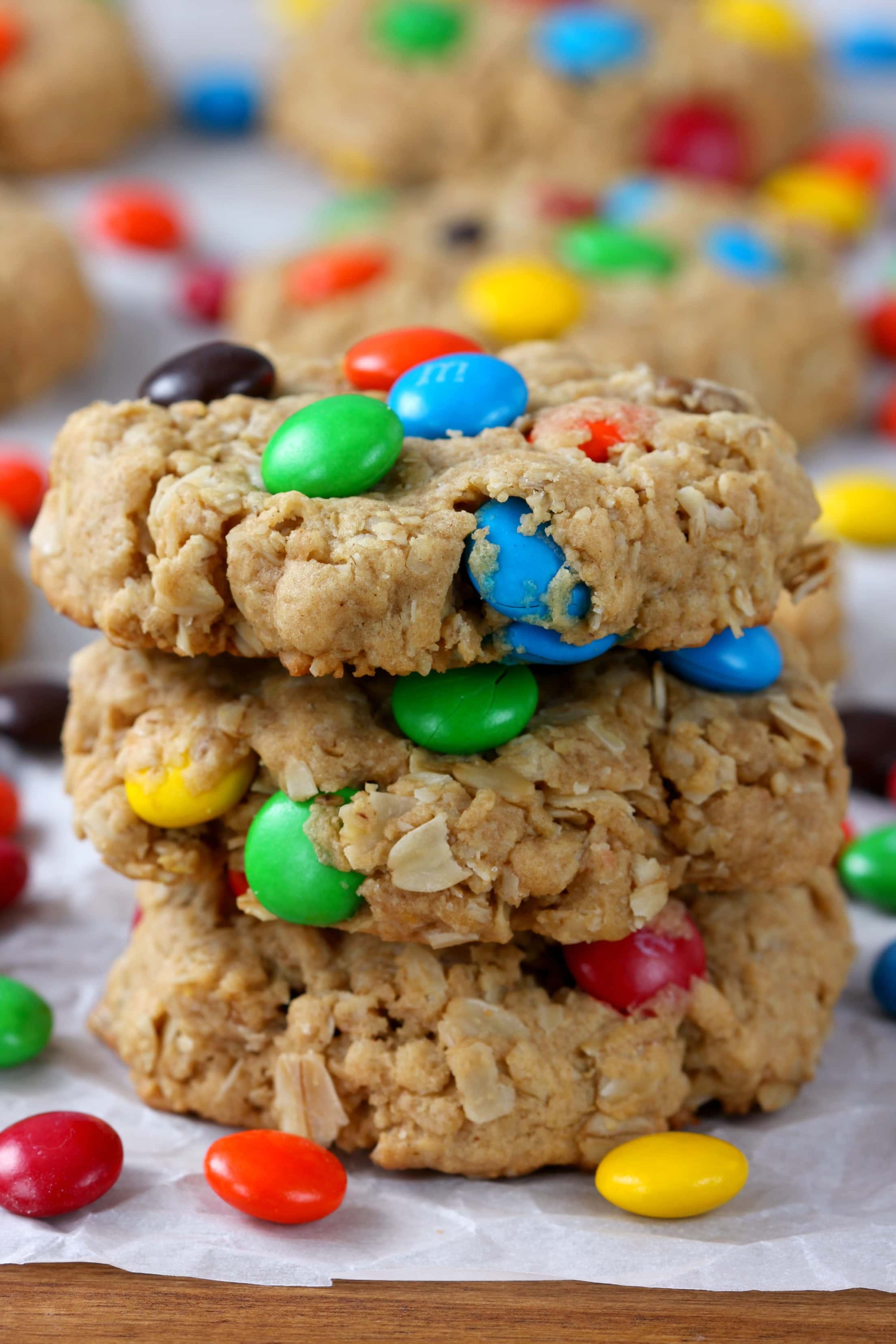 Easy M+M Peanut Butter Oatmeal Cookies Recipe from A Kitchen Addiction