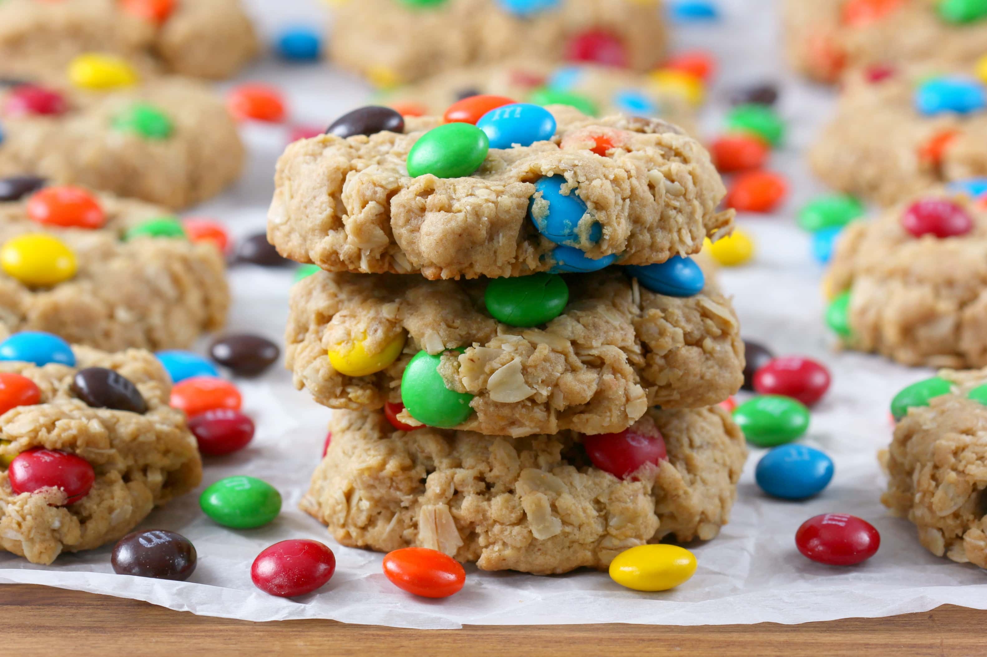 Super Easy M+M Peanut Butter Oatmeal Cookies Recipe from A Kitchen Addiction