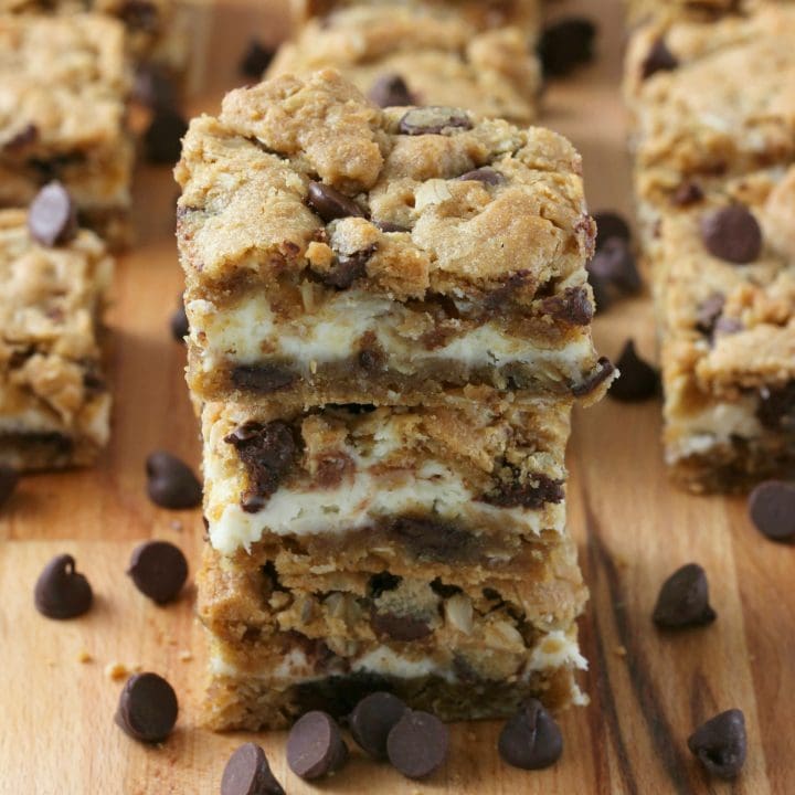 Peanut Butter Chocolate Chip Cookie Cheesecake Bars Recipe from A Kitchen Addiction