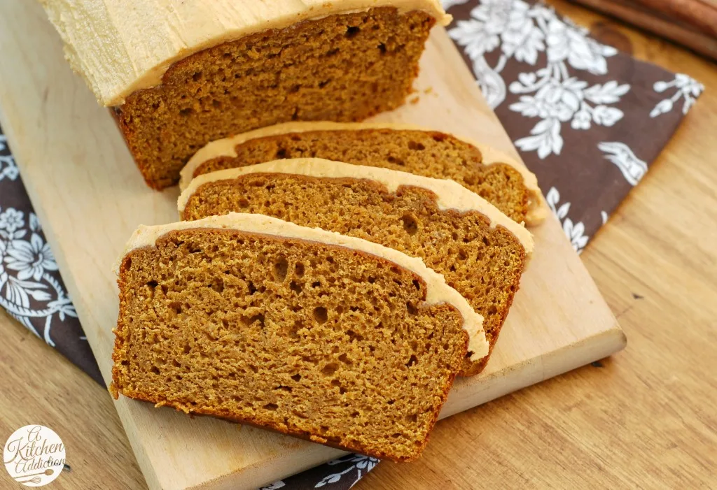 Salted Caramel Pumpkin Buttercream Frosted Pumpkin Bread Recipe l www.a-kitchen-addiction.com