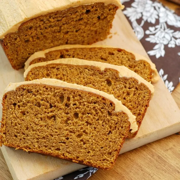 Salted Caramel Pumpkin Buttercream Frosted Pumpkin Bread Recipe l www.a-kitchen-addiction.com