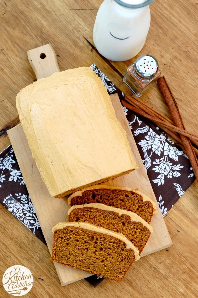 Salted Caramel Pumpkin Buttercream Frosted Pumpkin Bread Recipe l www.a-kitchen-addiction.com