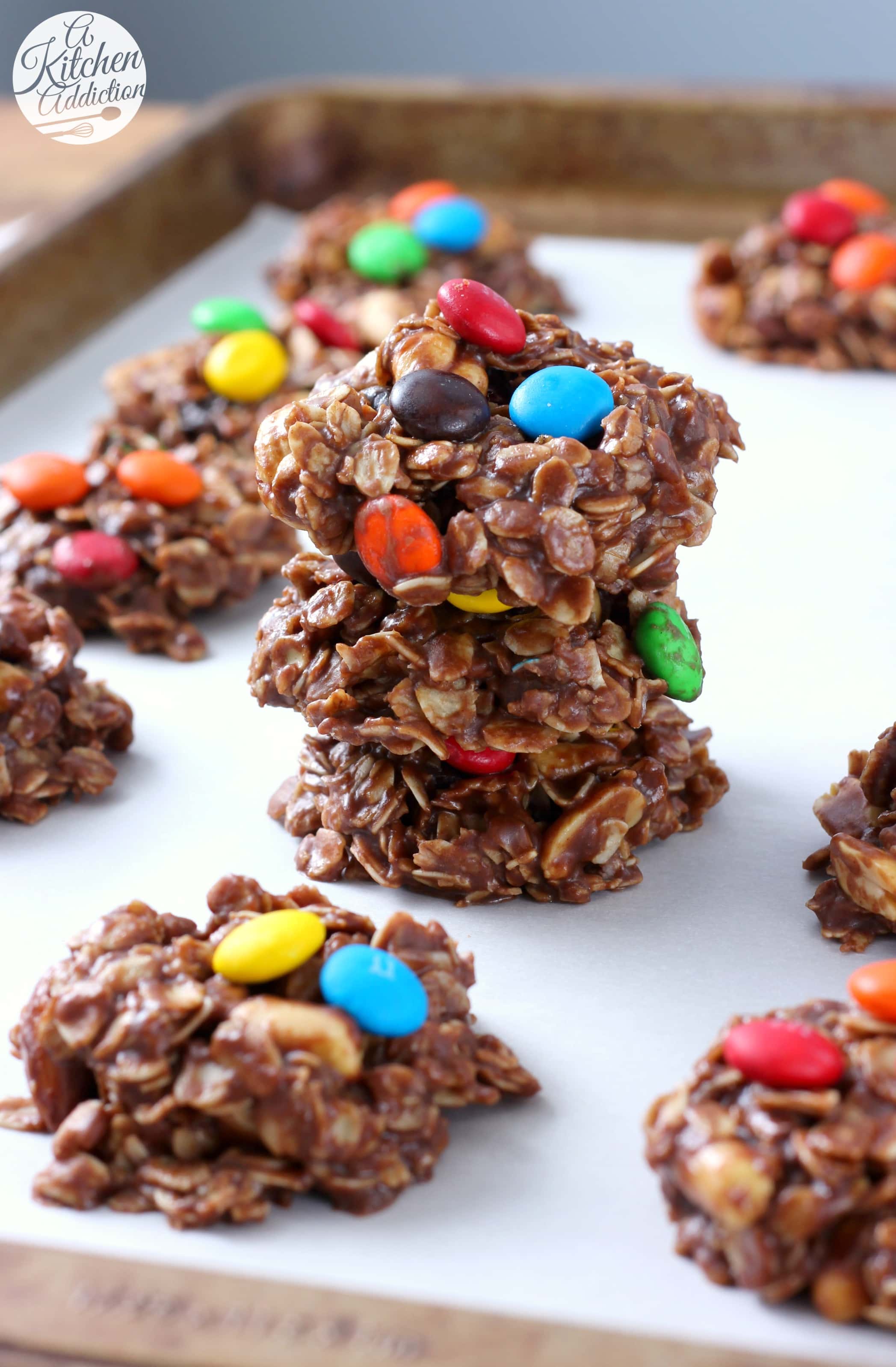 Easy Trail Mix No Bake Cookies Recipe from A Kitchen Addiction