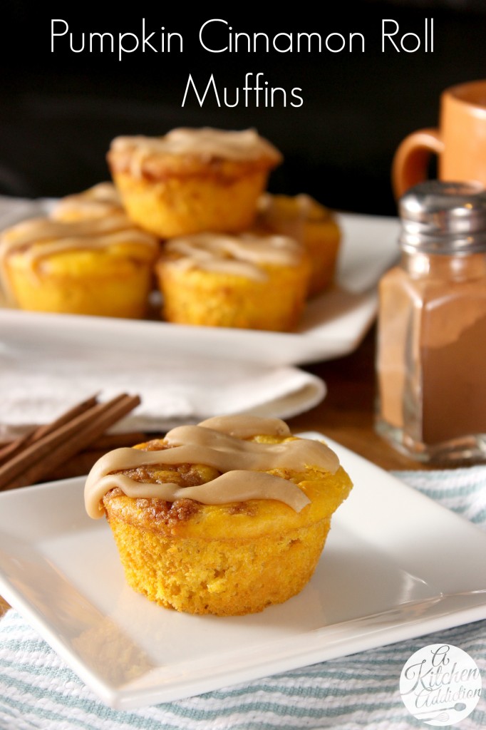 Caramel Glazed Pumpkin Cinnamon Roll Muffins Recipe l www.a-kitchen-addiction.com