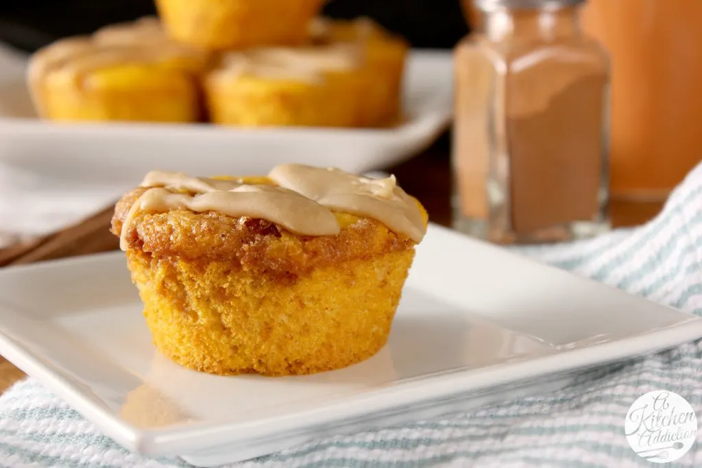 Caramel Glazed Pumpkin Cinnamon Roll Muffins Recipe l www.a-kitchen-addiction.com